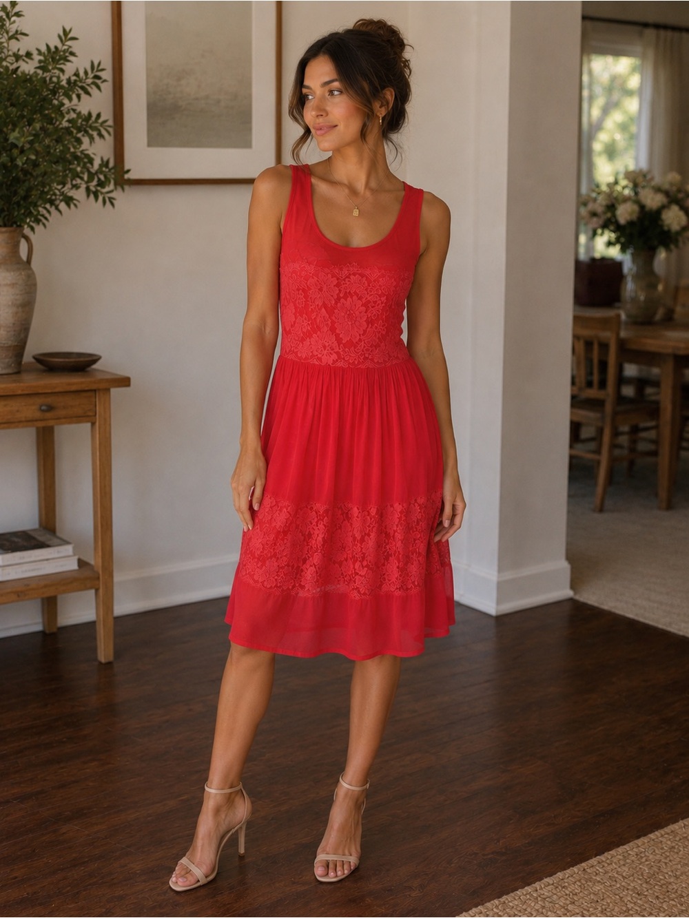 Sleeveless Red Lace Midi Dress